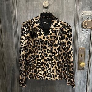 Trina Turk Black and Brown Faux Fur Jacket with Bold Leopard Print